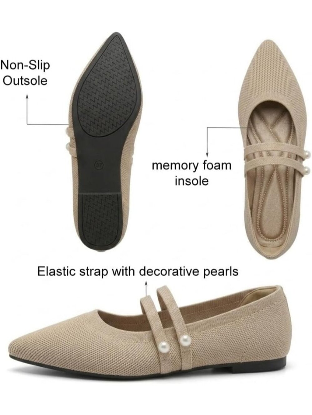 Women's Beige Rubber Knit Pointed Toe Double Strap Ballet Flat Breathable Shoes - Picture 6 of 6